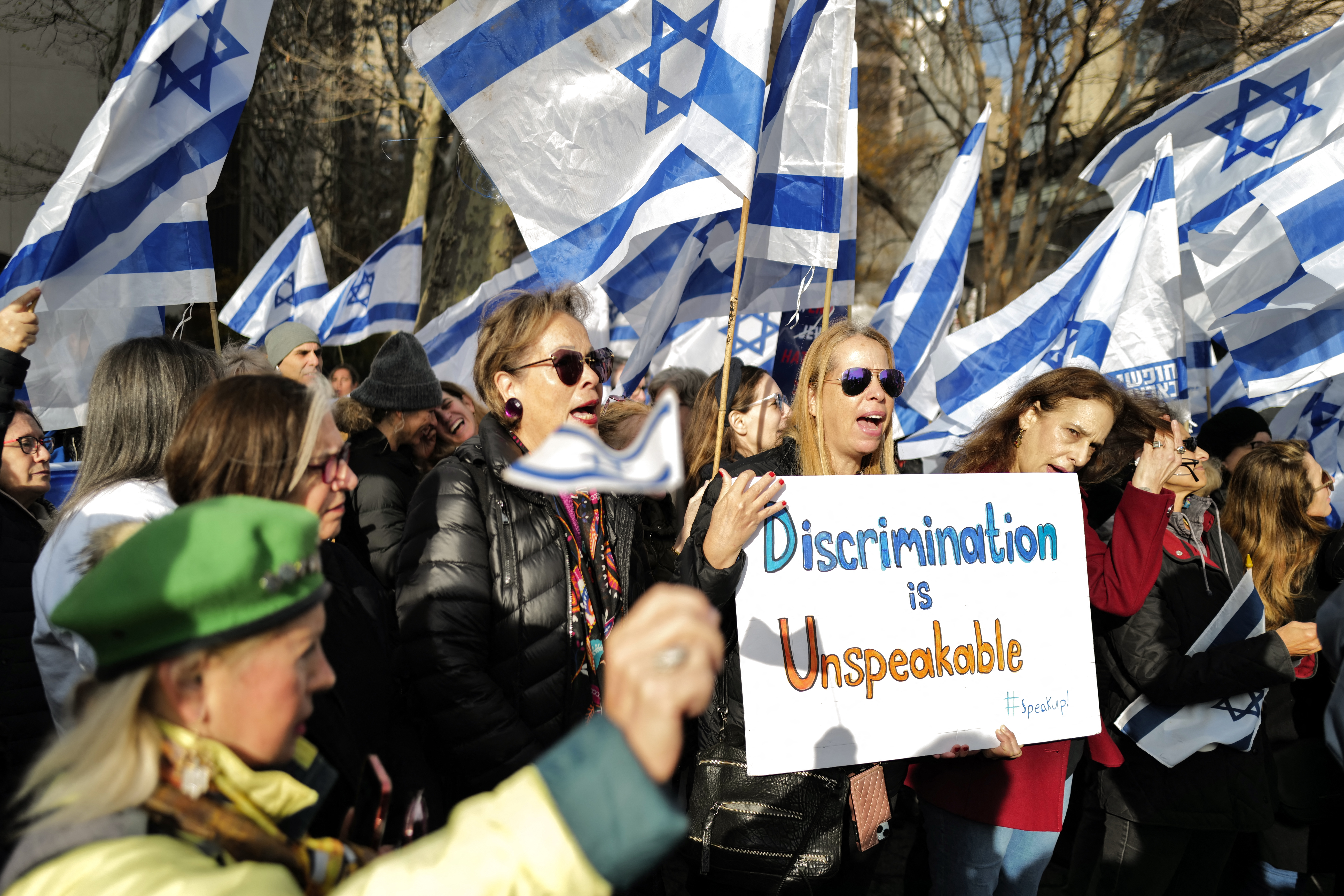 People stand with Israeli flags and signs at protest