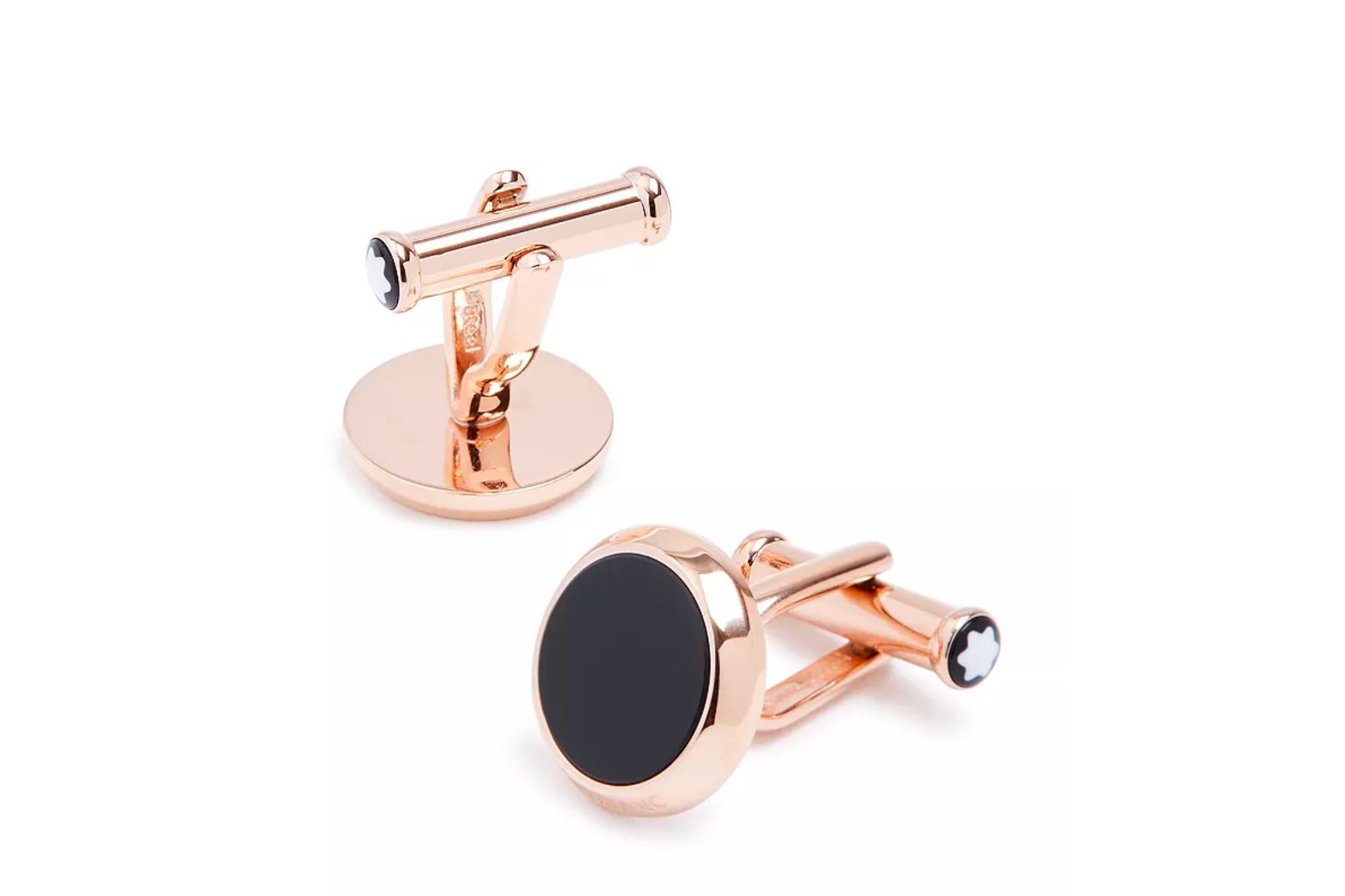 A pair of rose gold and onyx cufflinks.