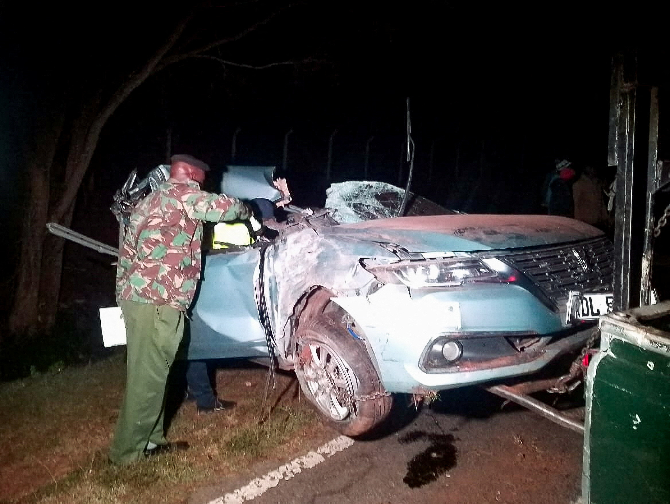 The wreckage of the vehicle that Kelvin Kiptum and his coach were in is towed from the scene of the traffic accident along the Kaptagat-to-Eldoret highway, near the Rift Valley town of Eldoret, Kenya on Feb. 12, 2024. 