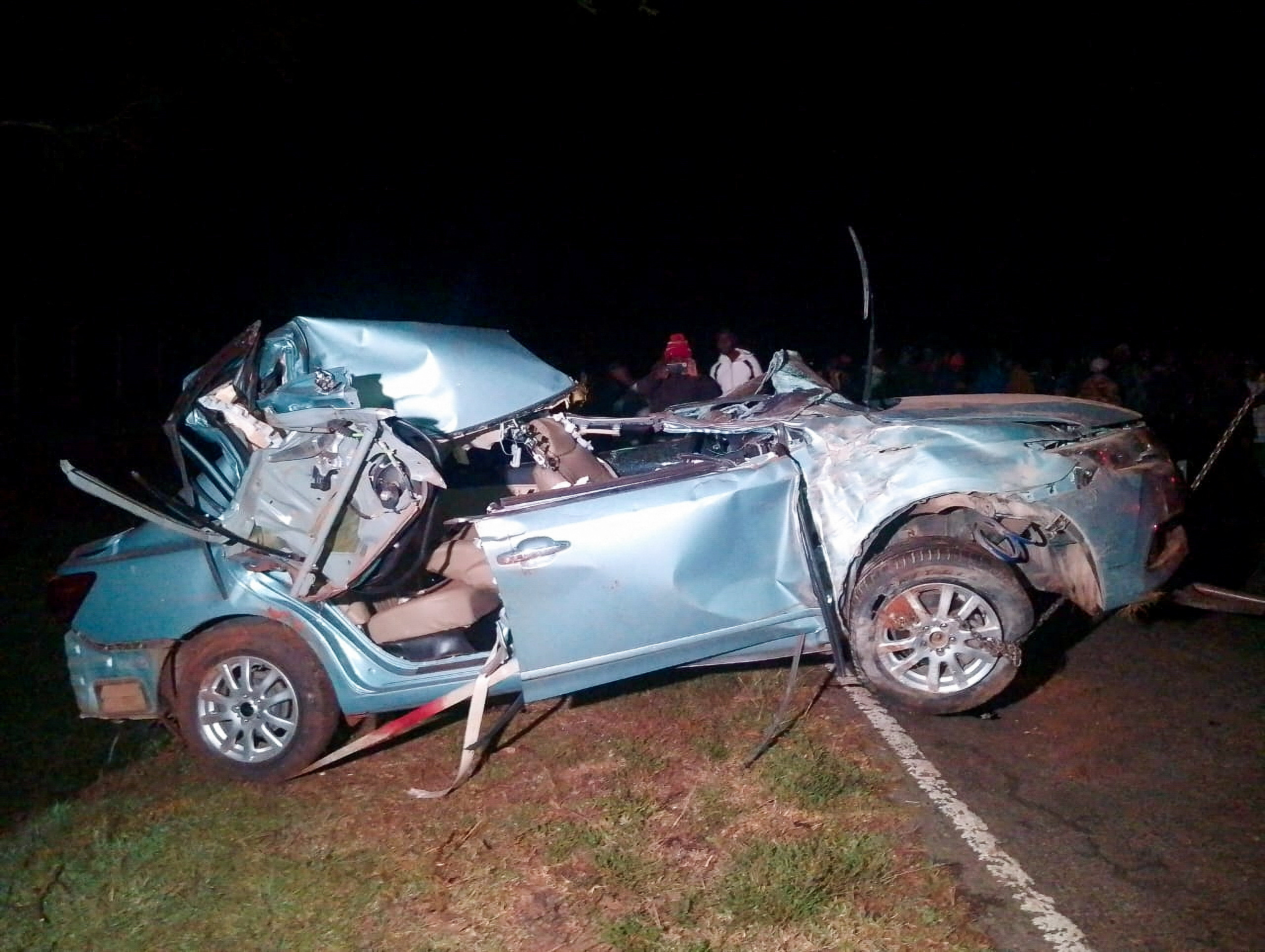 Another angle of the wrecked car Kelvin Kiptum and his coach were in is spotted along the Kaptagat-to-Eldoret highway on Feb. 12, 2024. 