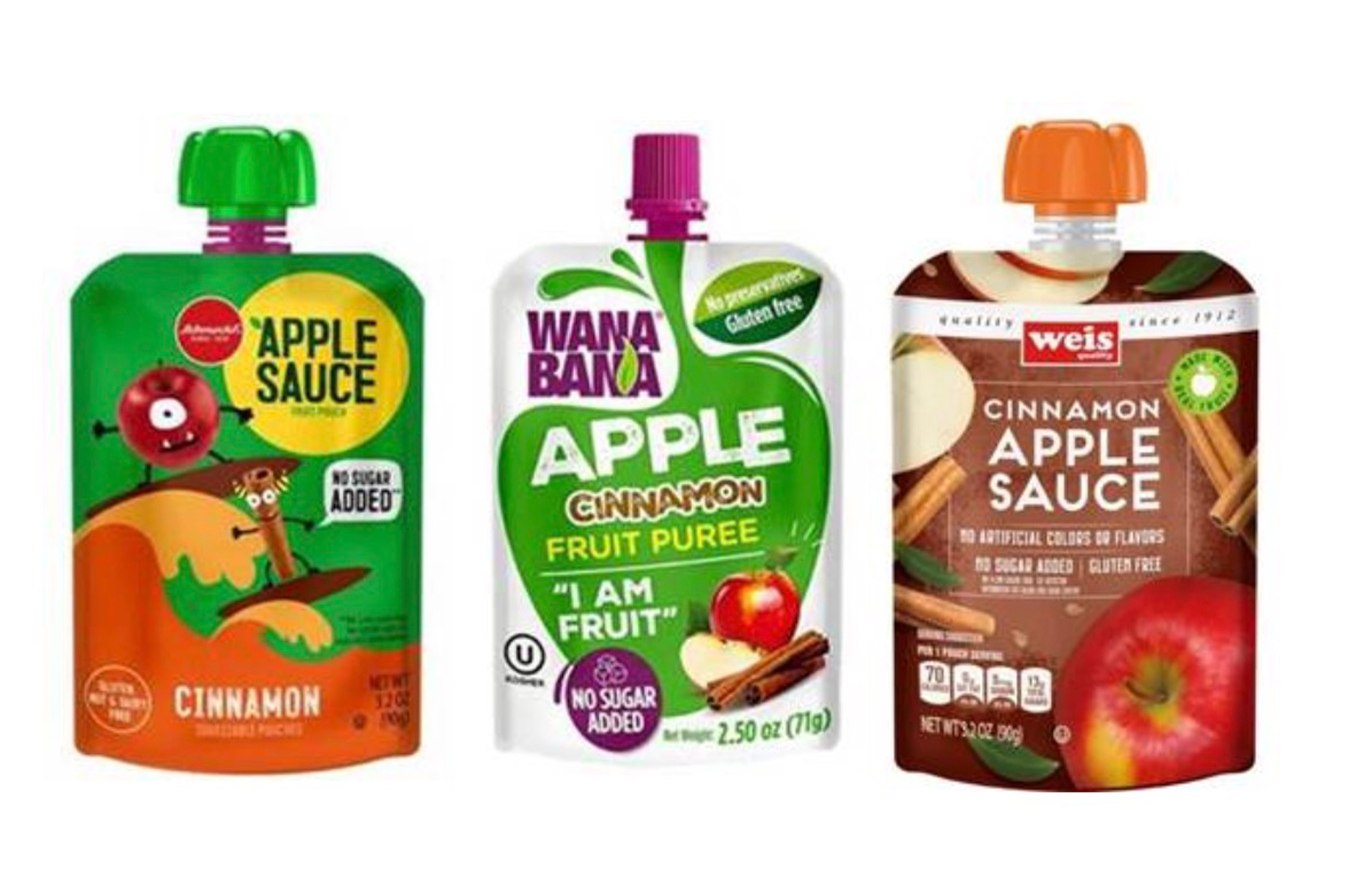 The tainted products in question: WanaBana, Schnucks, and Weis brand cinnamon applesauce pouches.