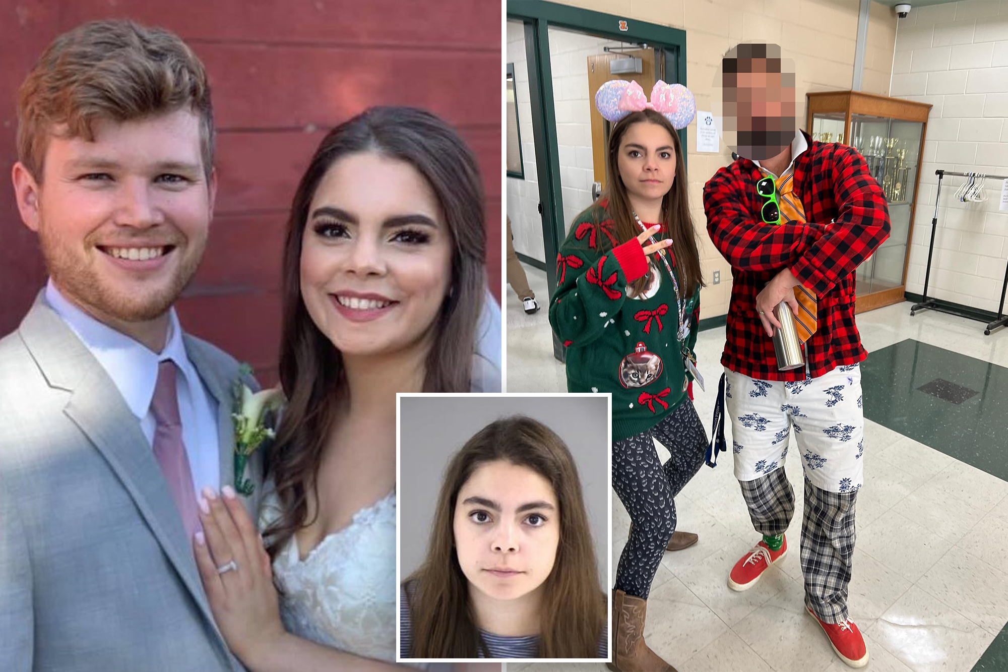 Megan Pauline Jordan pictured on the left on her wedding day, inset in her mugshot and right with an unidentified former coworker.