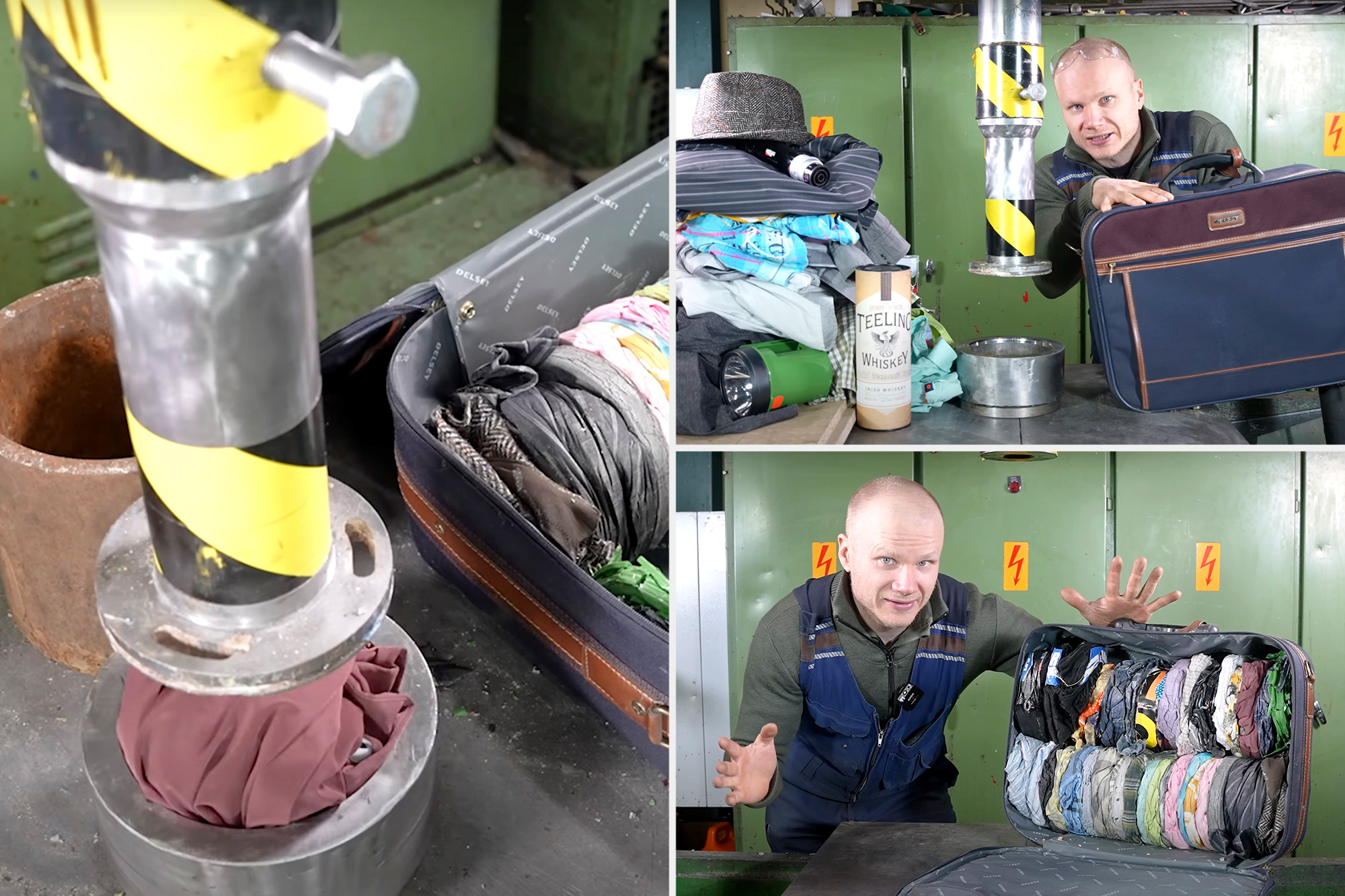 Finnish content creators Lauri Vuohensilta and Hanna Korpisaari comically compressed a massive mound of travel items into a single carry-on suitcase with help from a 150-ton hydraulic press — and with room to spare.