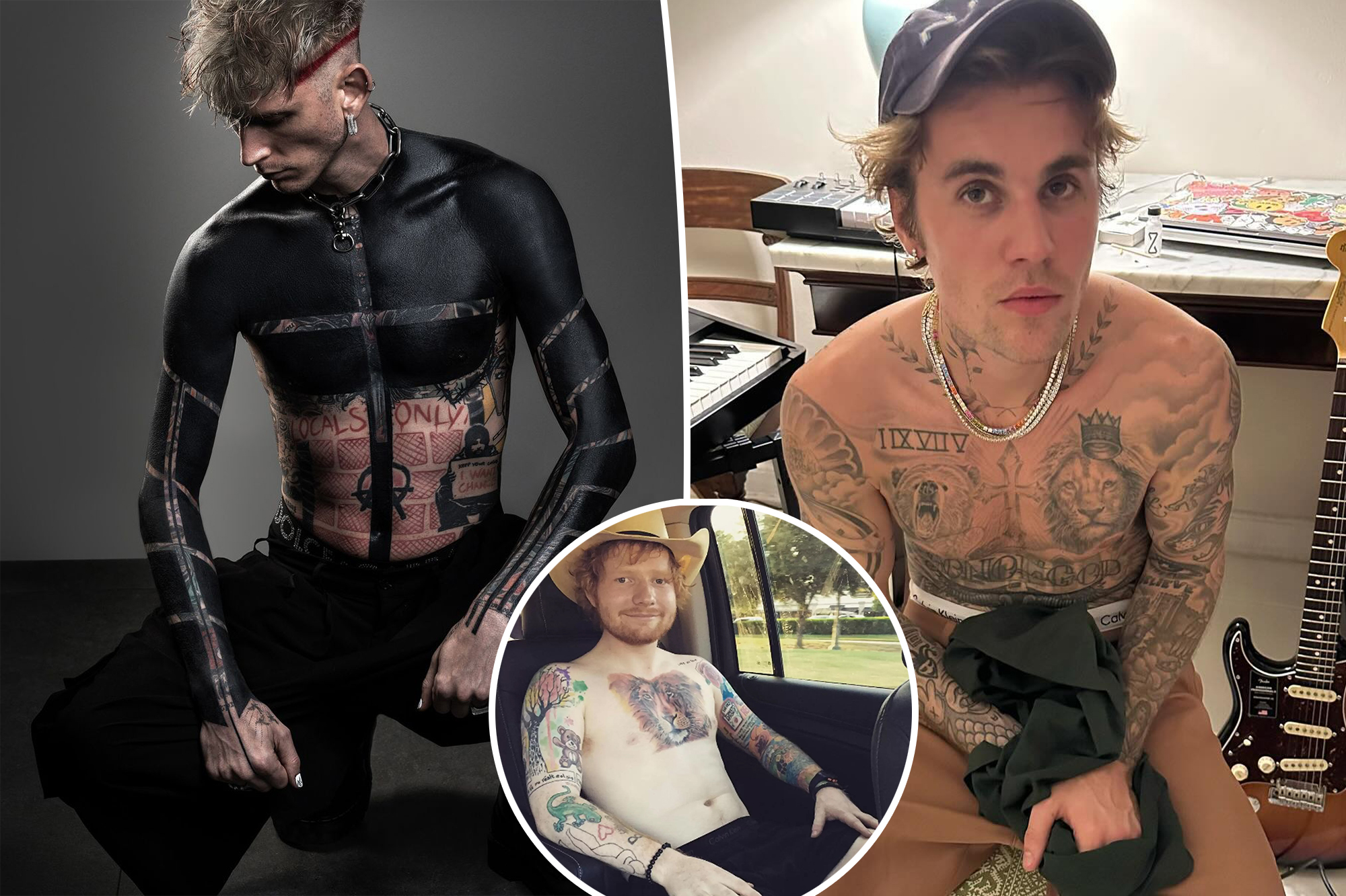 Tattoo lovers could be unwittingly exposing themselves to inks that contain organ-damaging chemicals, disturbing new research has revealed. Pictured: Machine Gun Kelly, Justin Bieber and Ed Sheeran.