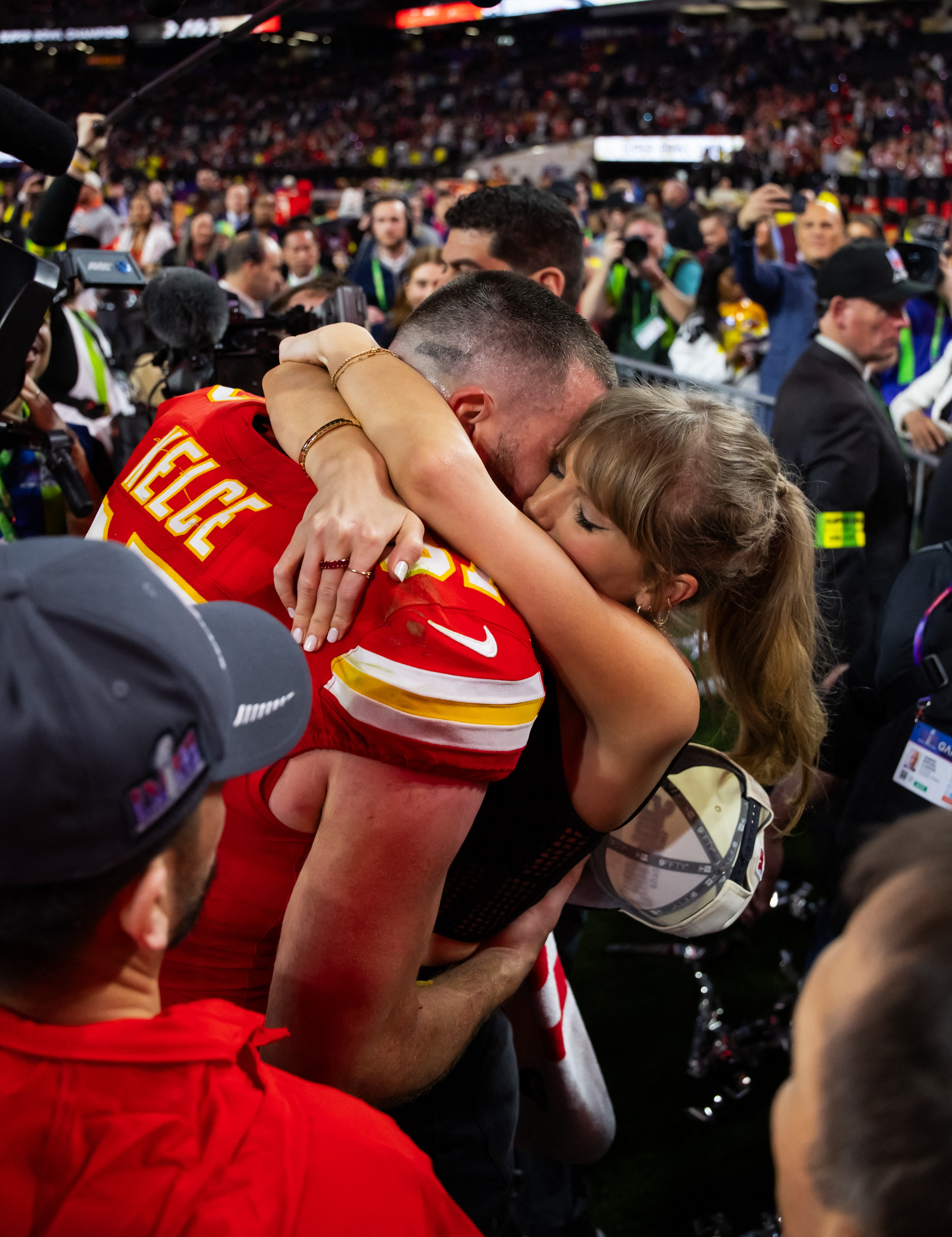 Travis Kelce and Taylor Swift following the Chiefs' Super Bowl 2024 win.