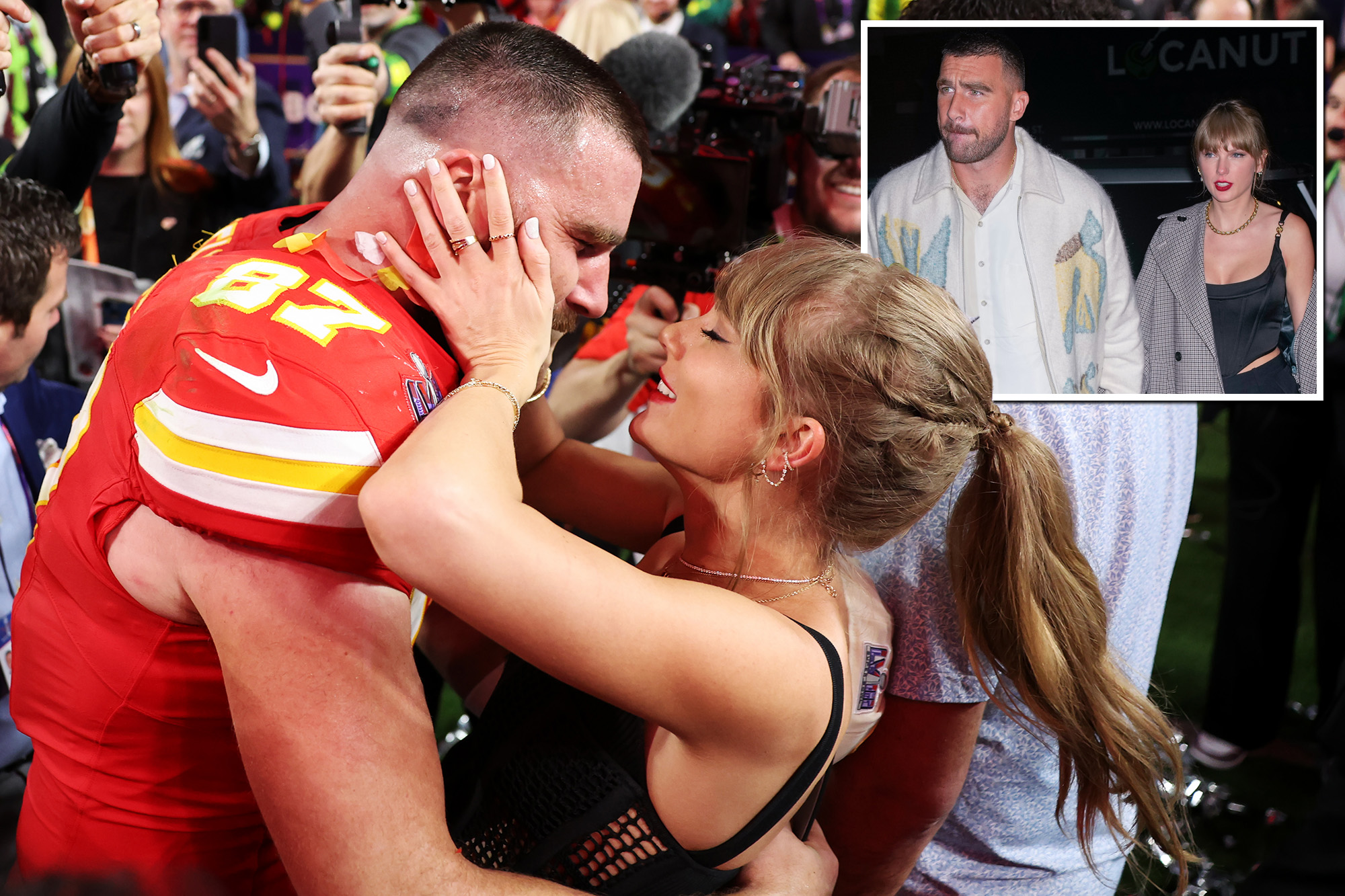 Travis Kelce and Taylor Swift hugging after winning Super Bowl LVIII at Allegiant Stadium in Las Vegas.