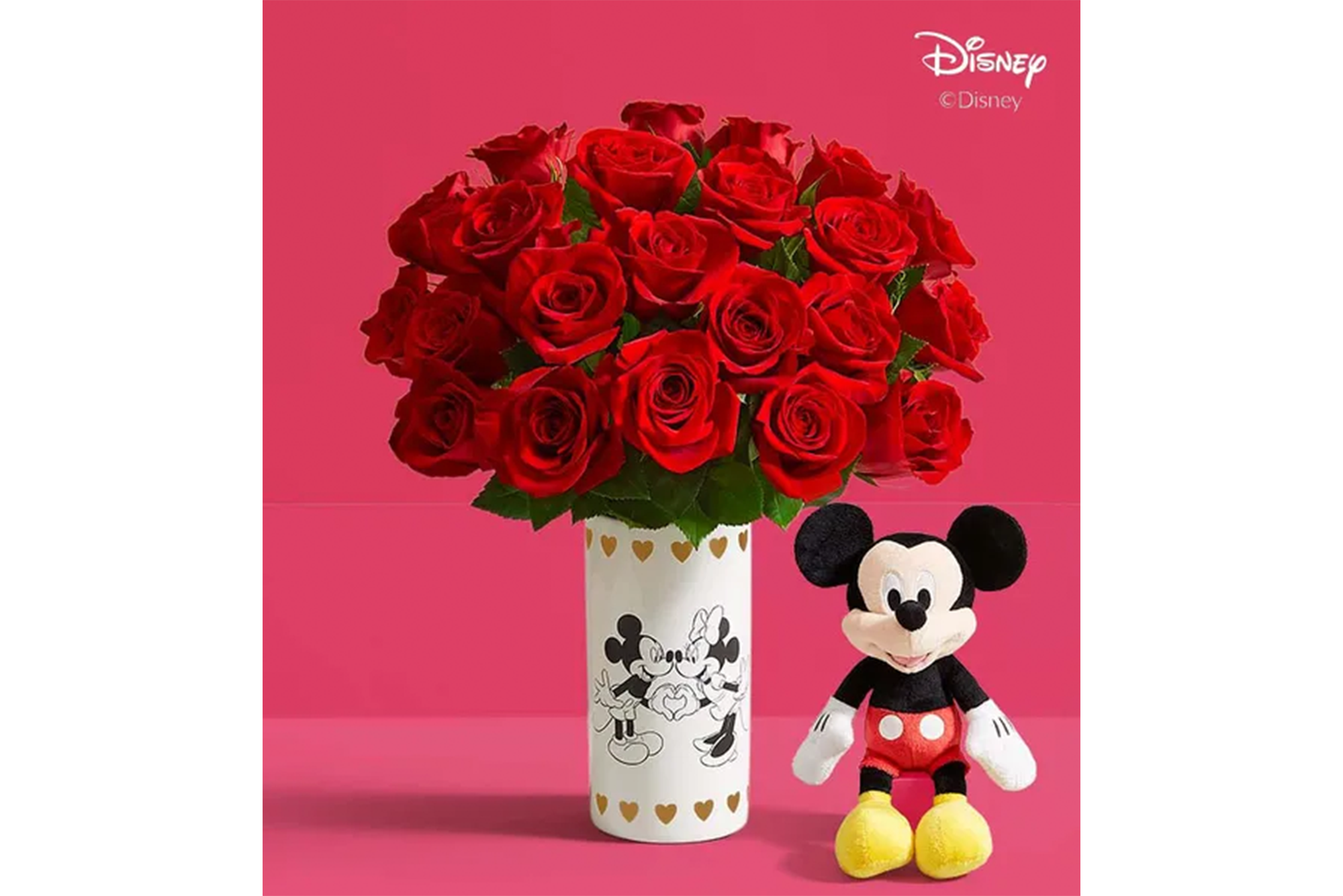Disney Mickey Mouse & Minnie Mouse in Love Vase with Red Roses, 24 Stems
