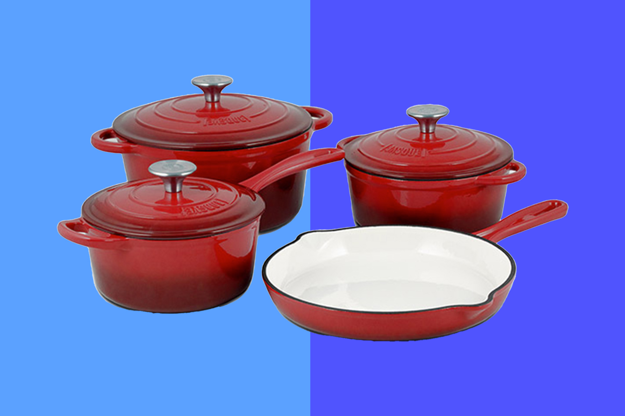 Red pots and pans on a shelf
