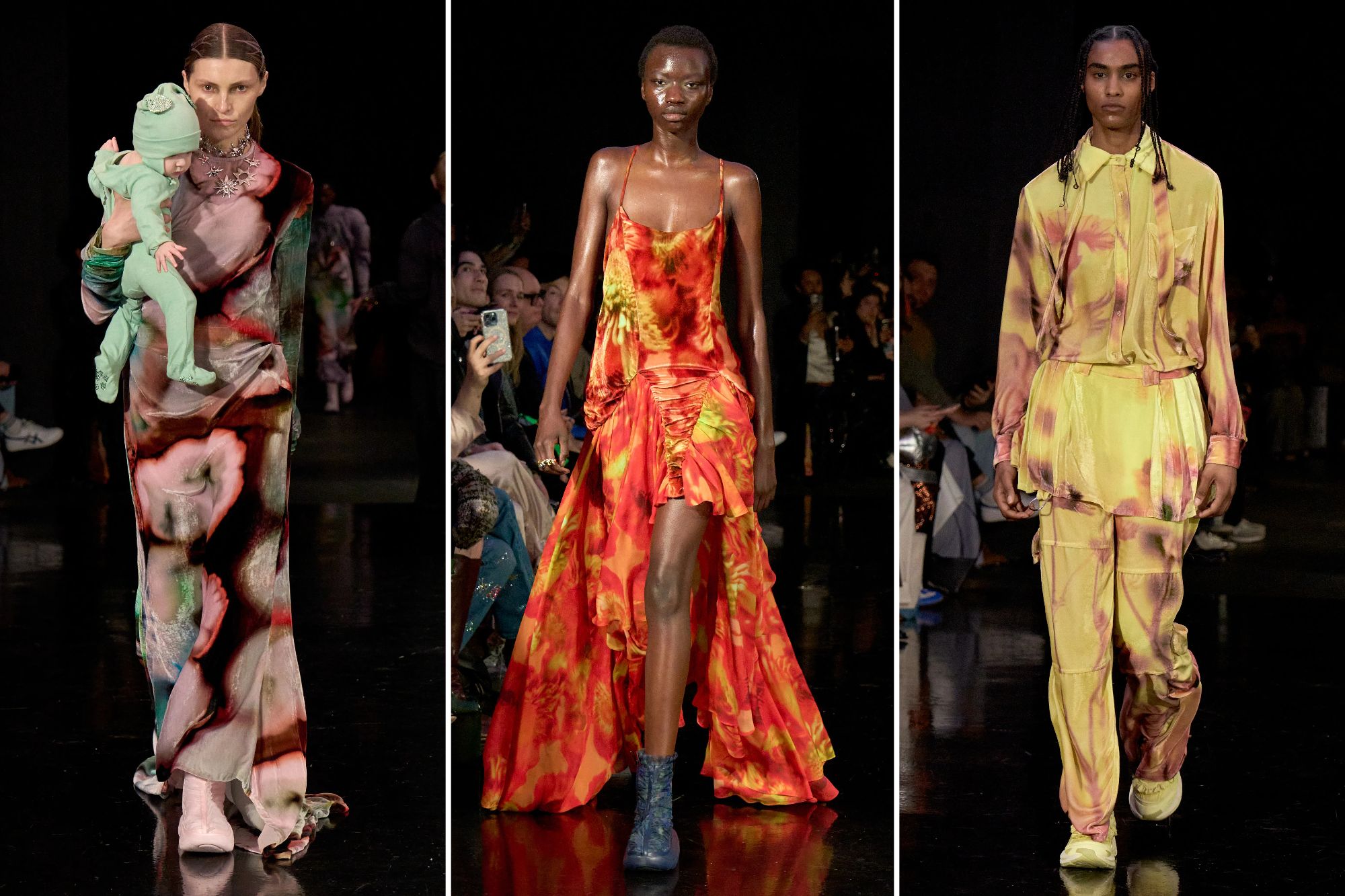 Three looks from Collina Strada's NYFW feature a model holding a baby, a flowing orange dress, and a yellow draped dress shirt and pants.