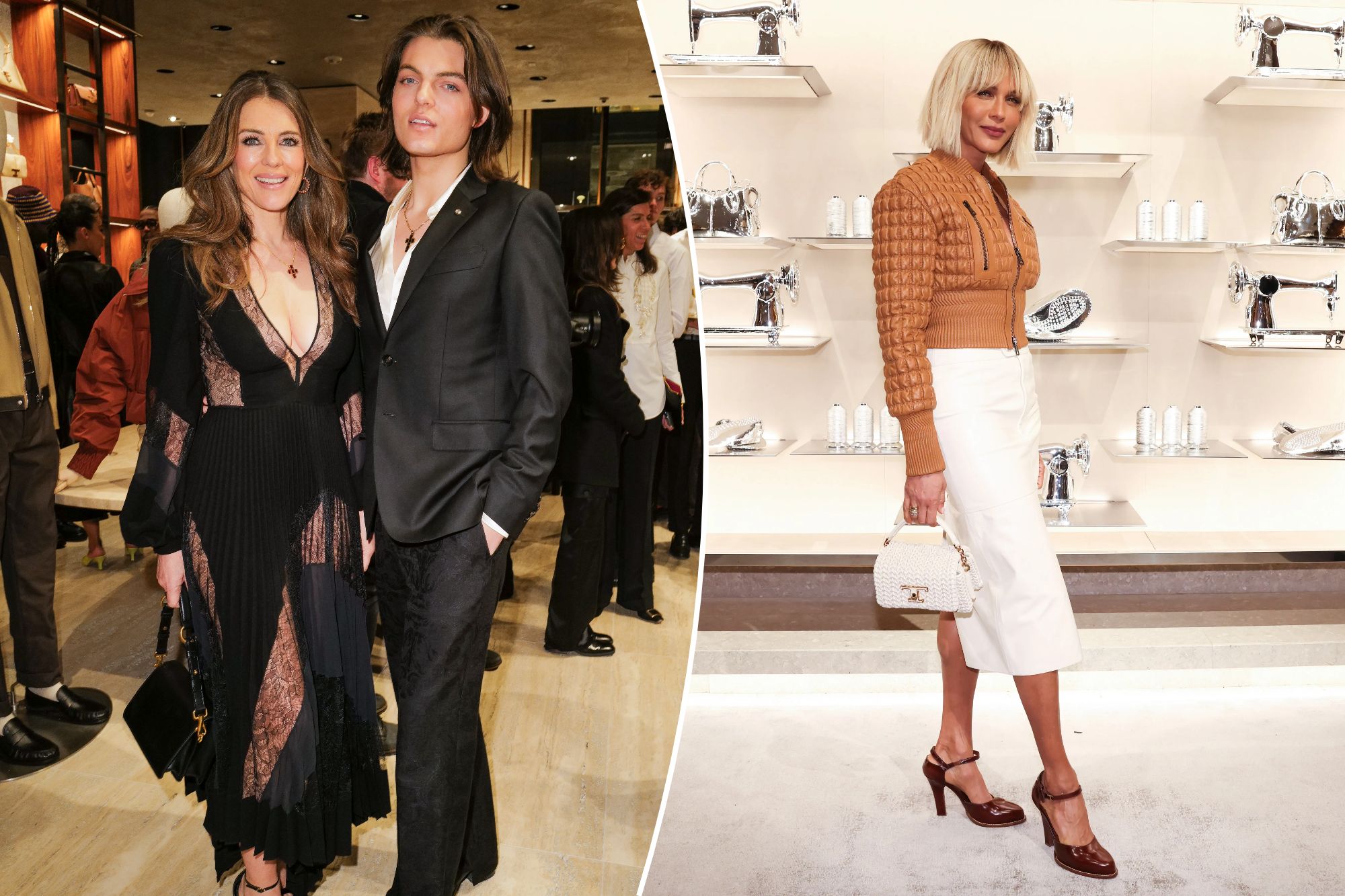 Elizabeth Hurley, Damian Hurley, and Nicole Ari Parker pose at Tod's re-opening