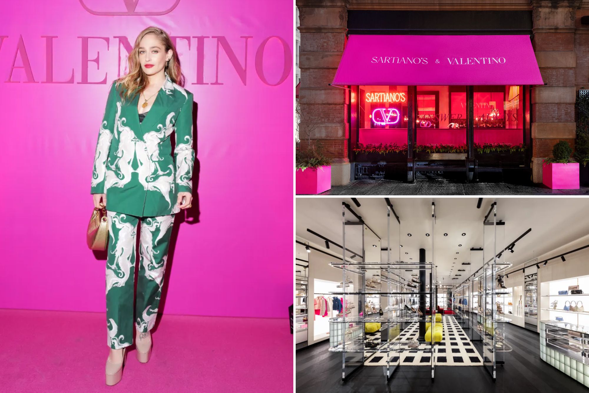 Collage of Jemima Kirke alongside photosof the Valentino Soho location and pop-up cafe.