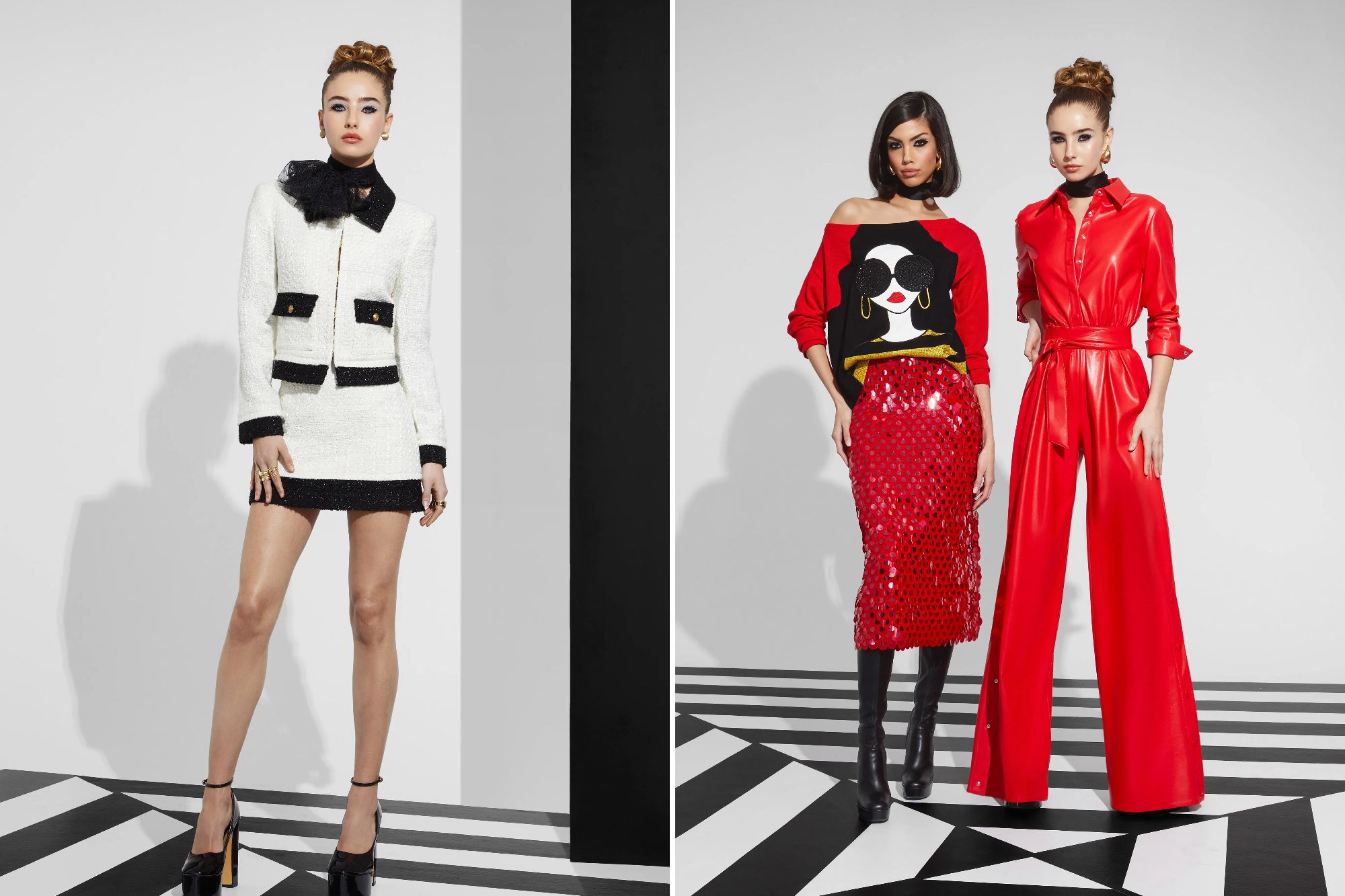 Outfits from Alice & Olivia feature white and red mod looks.