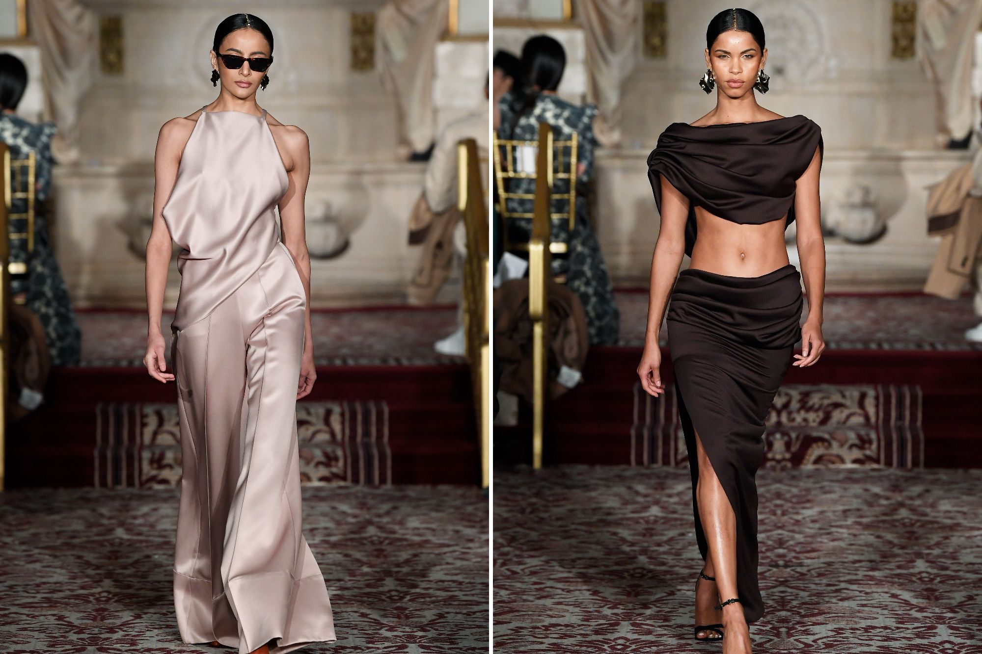 Two side-by-side looks from Siriano's collection, one white silk (left) and one brown (right).