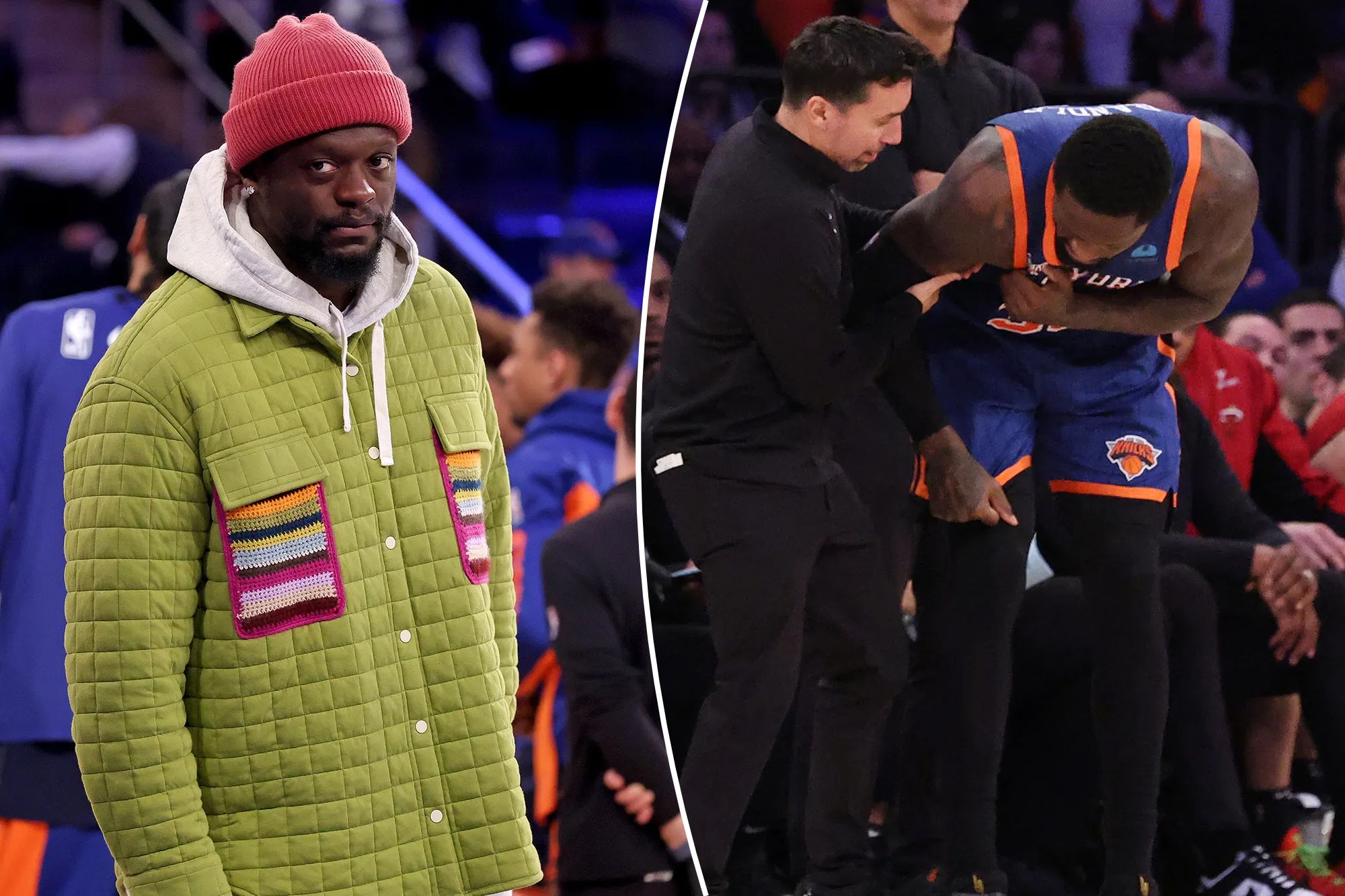 The Knicks' Julius Randle in street clothes and after injuring his shoulder on Jan. 27.