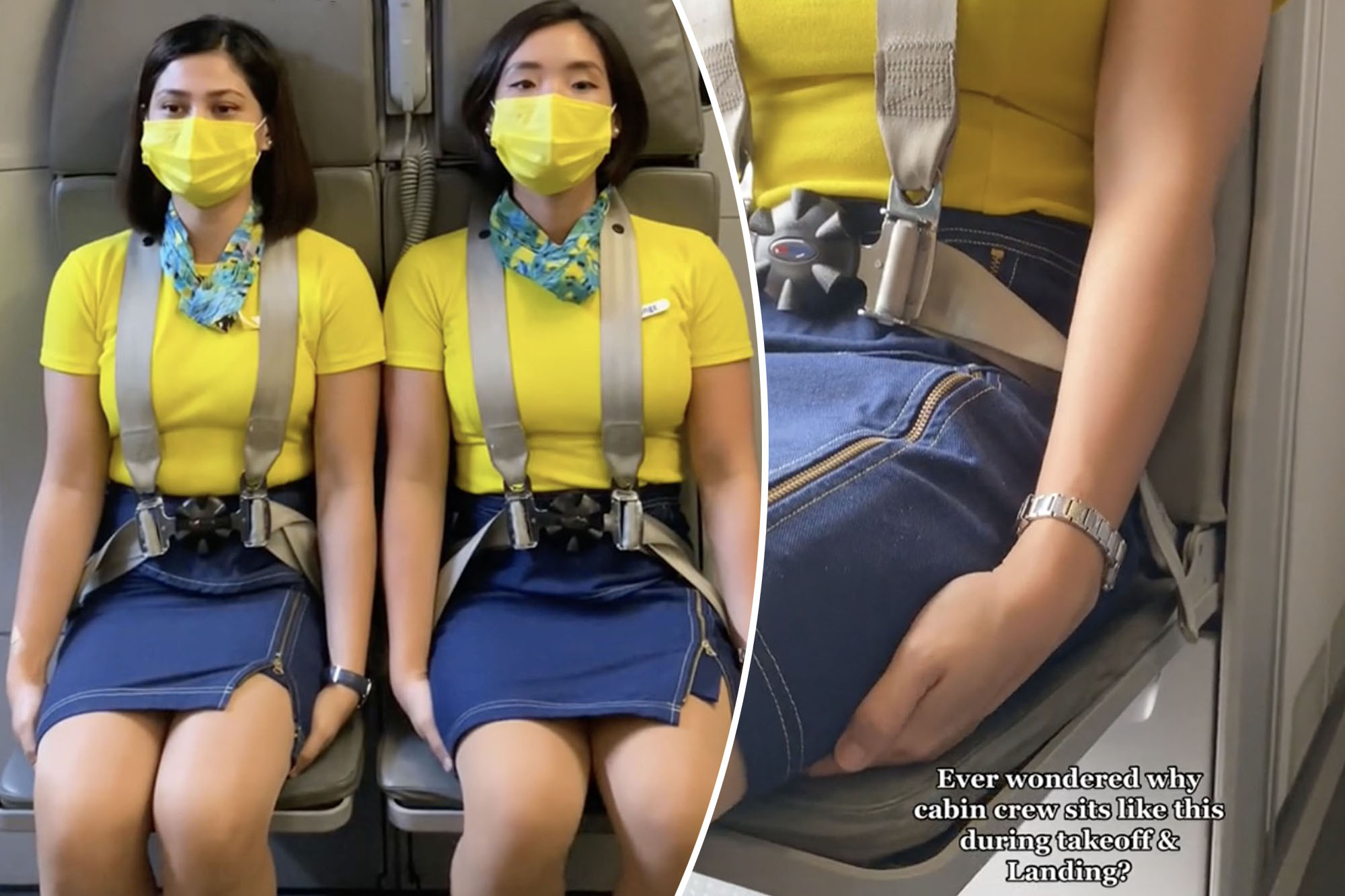 (Left) TikTok user and flight attendant Cebu Pacific Henny Lim, 29, and colleague in their jump seats. (Right) Close-up of Lim sitting on her hands in her jump seat.