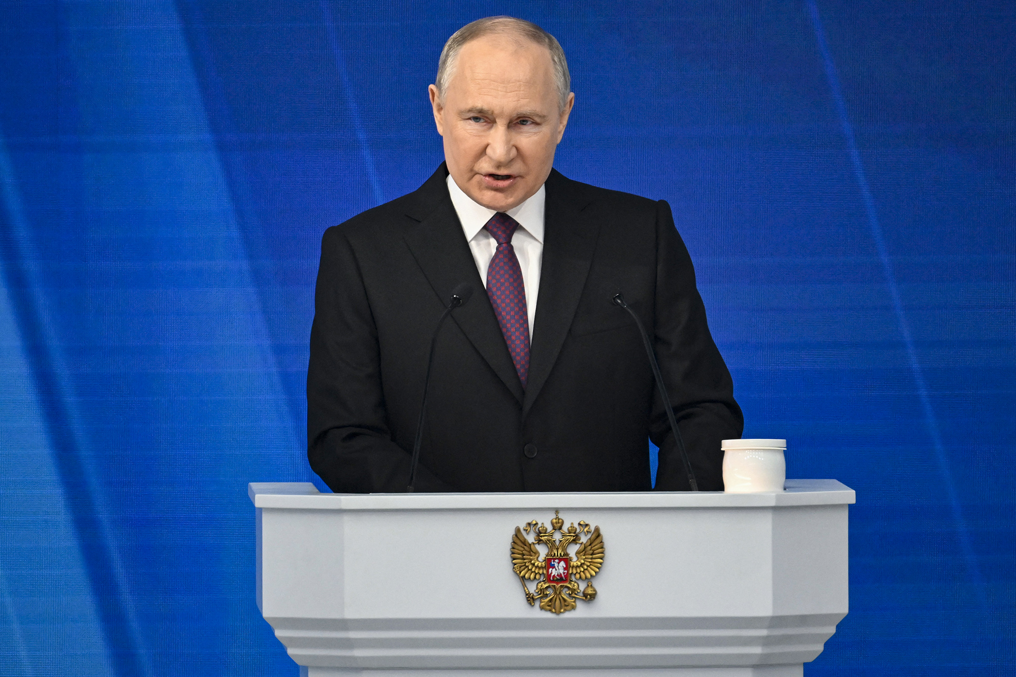 Russian President Vladimir Putin giving state of the nation address at Gostiny Dvor conference centre in Moscow.