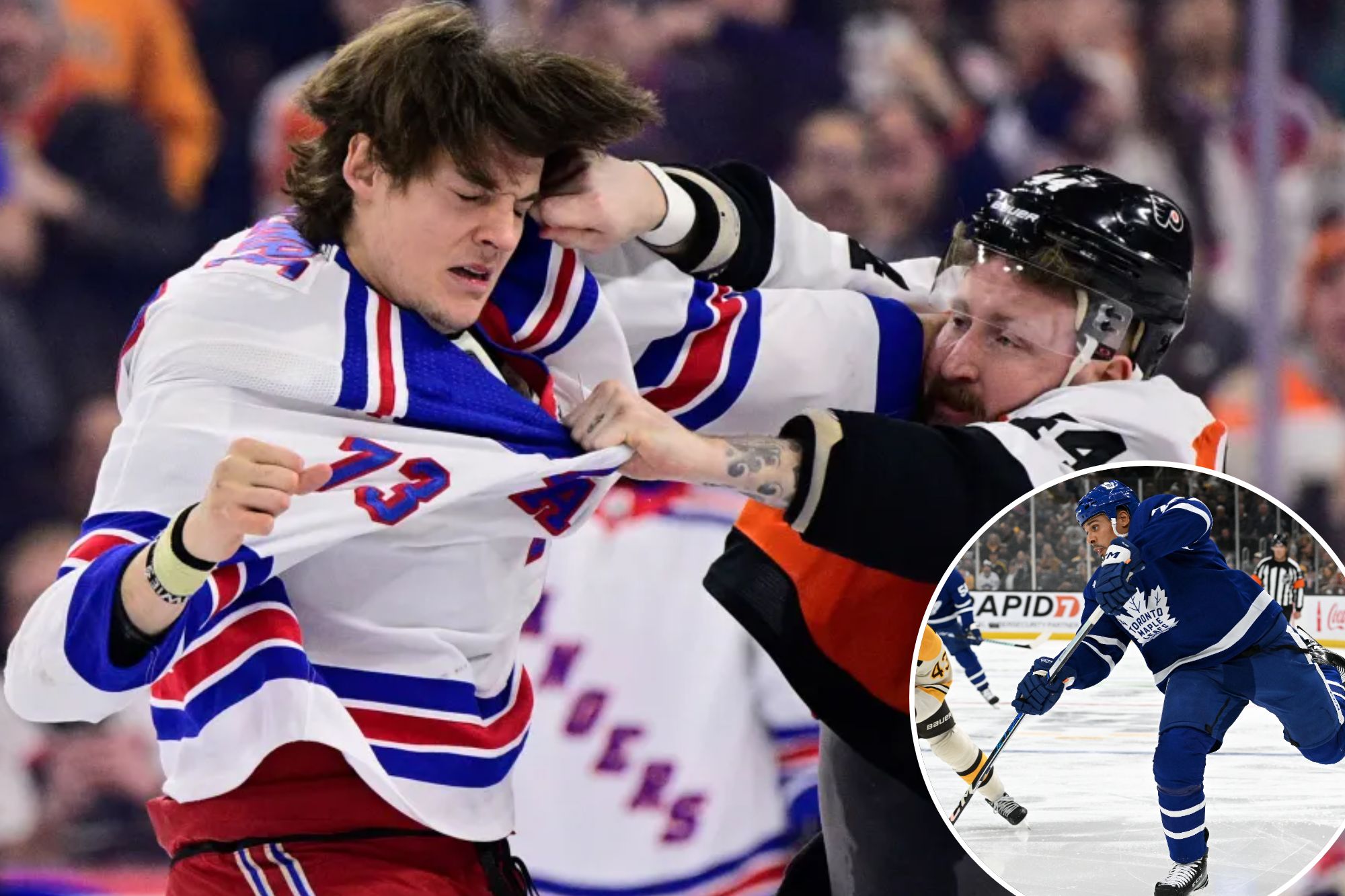 Enforcers Matt Rempe (left), fighting against the Flyers, and Ryan Reaves (inset) could be on a collision course when the Rangers face the Maple Leafs.