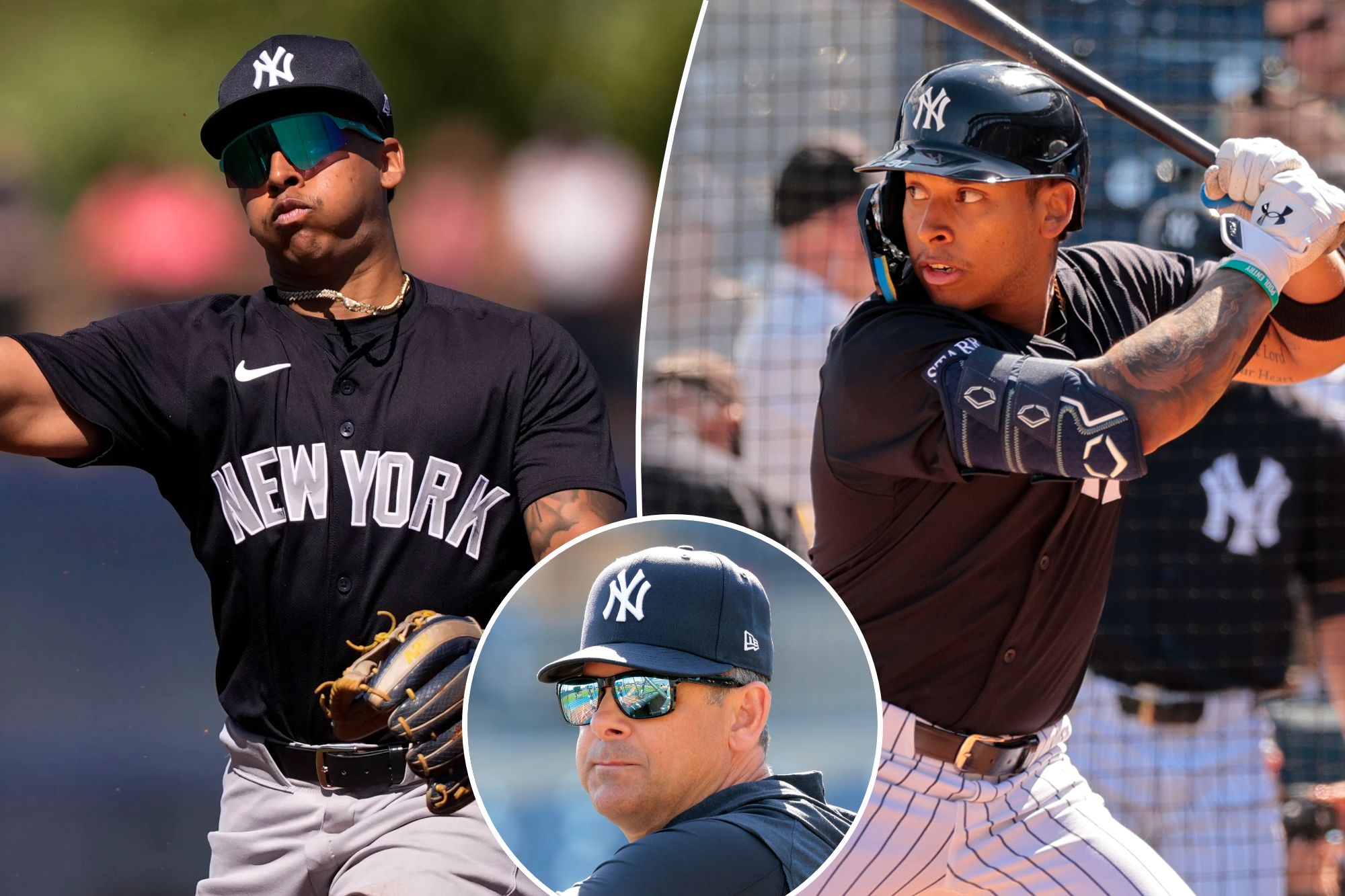 Jorbit Vivas in the field and at the plate for the Yankees in spring training; Aaron Boone