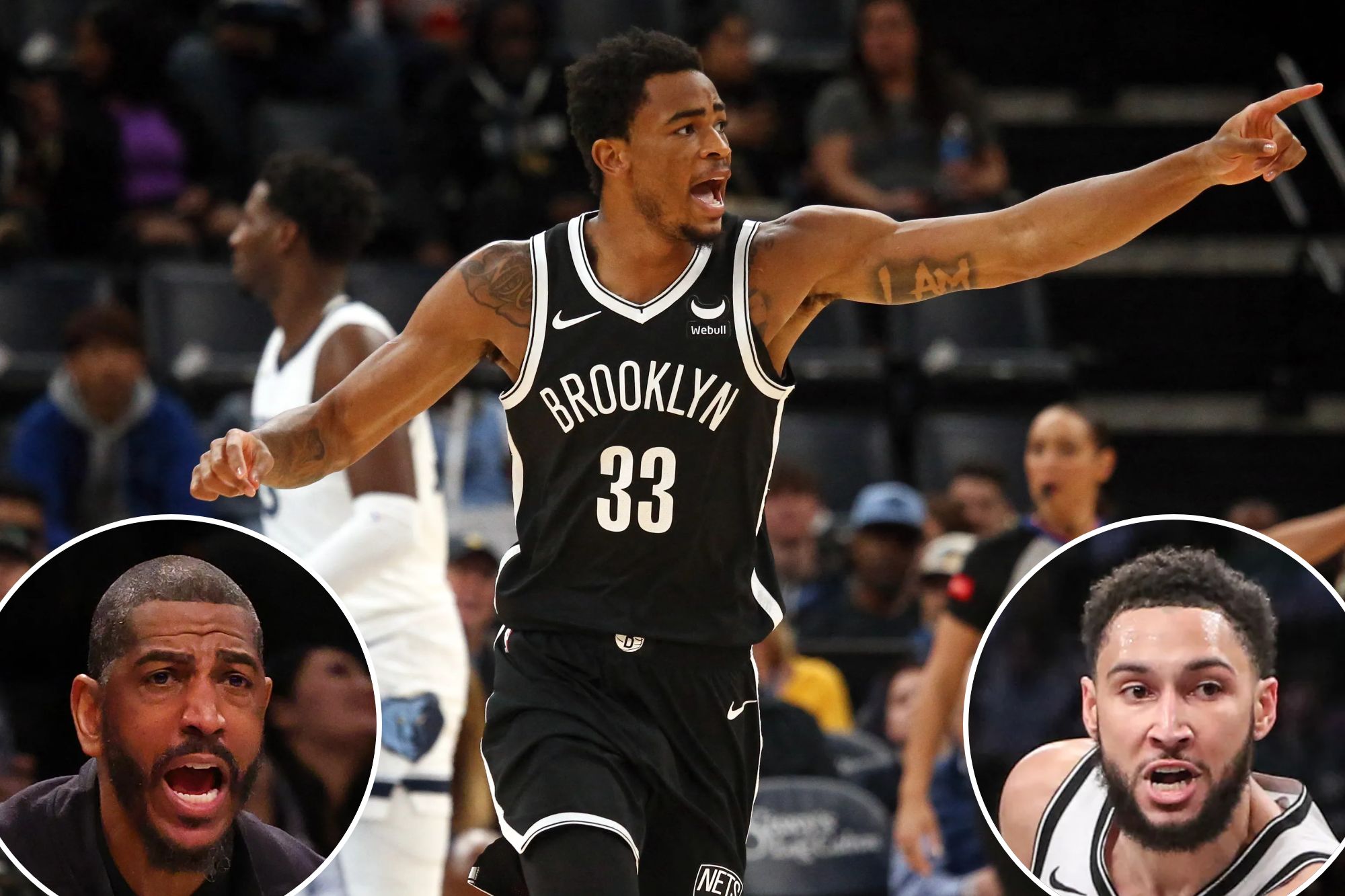 Nic Claxton points during the Nets' game against the Grizzlies; Kevin Ollie; Ben Simmons