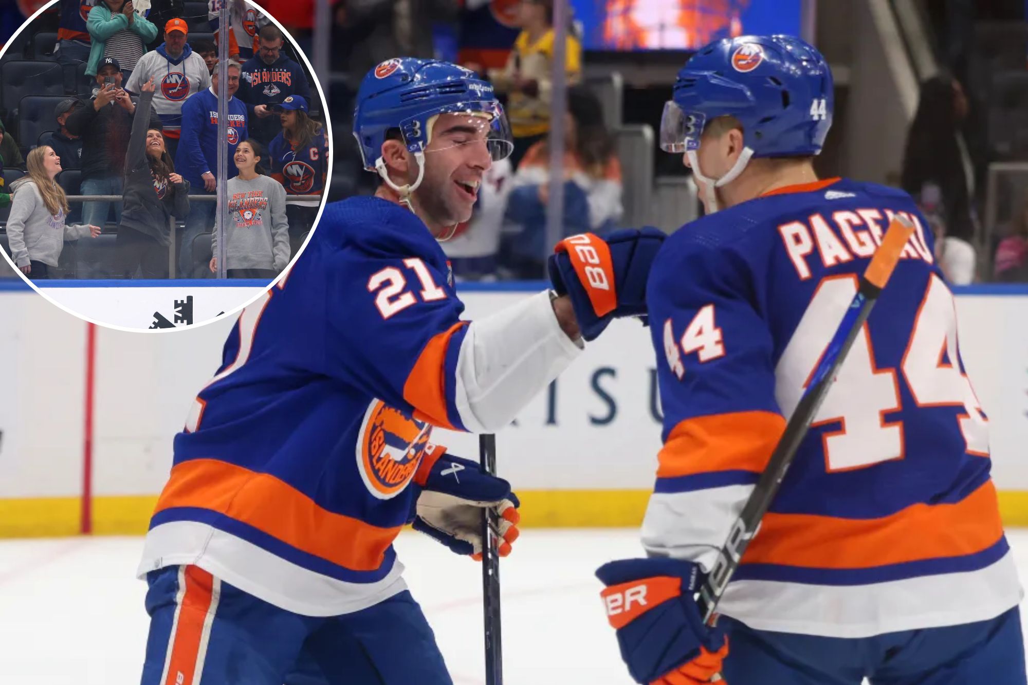 Kyle Palmieri (left) celebrates with Jean-Gabriel Pageau after completing a hat trick in the first period of the Islanders' game vs. the Bruins. A fan (inset) throw a hat in celebration of the feat.