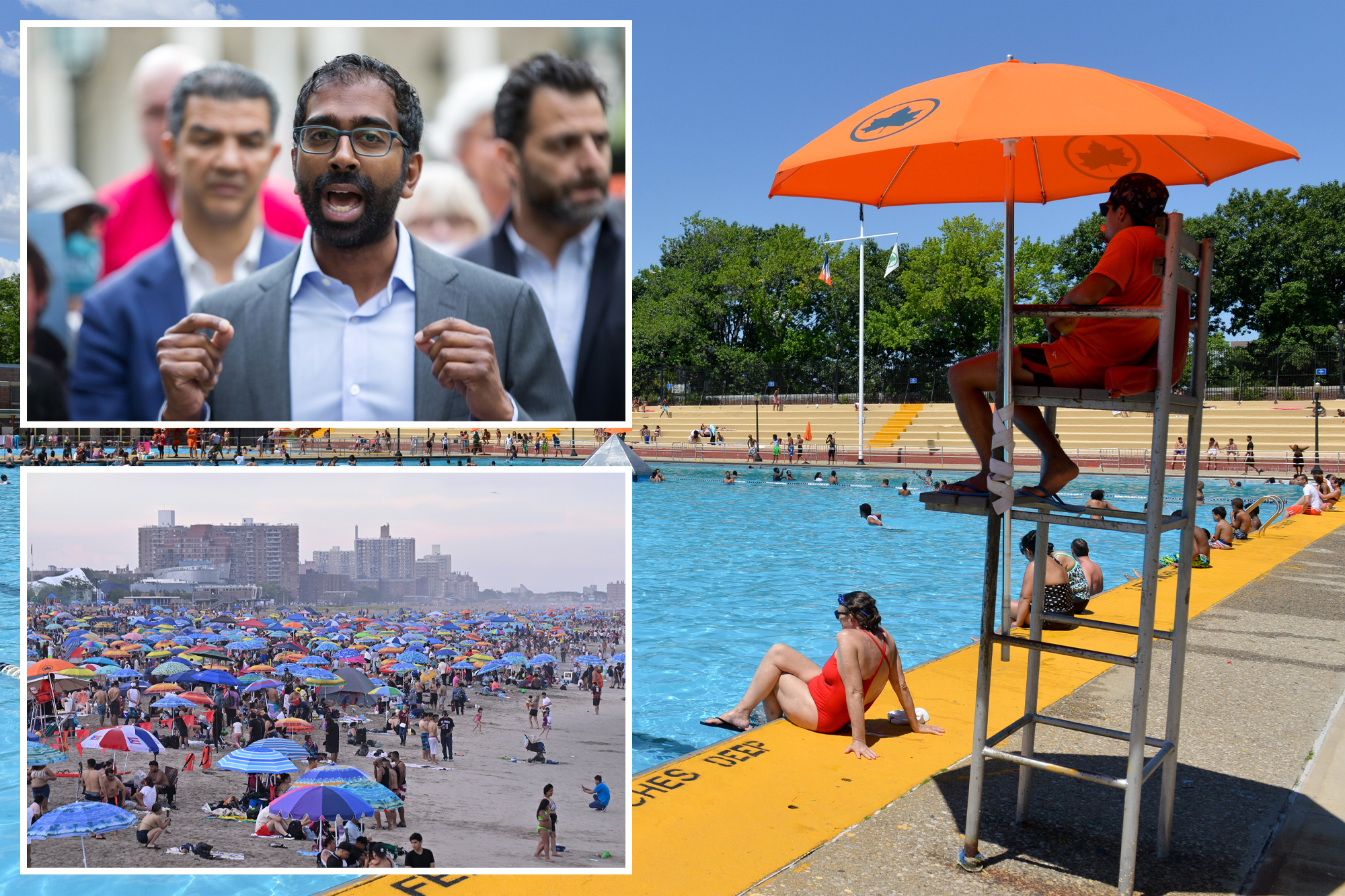 Councilman Shekar Krishnan; lifeguard at a pool; a crowded beach full of colorful umbrellas